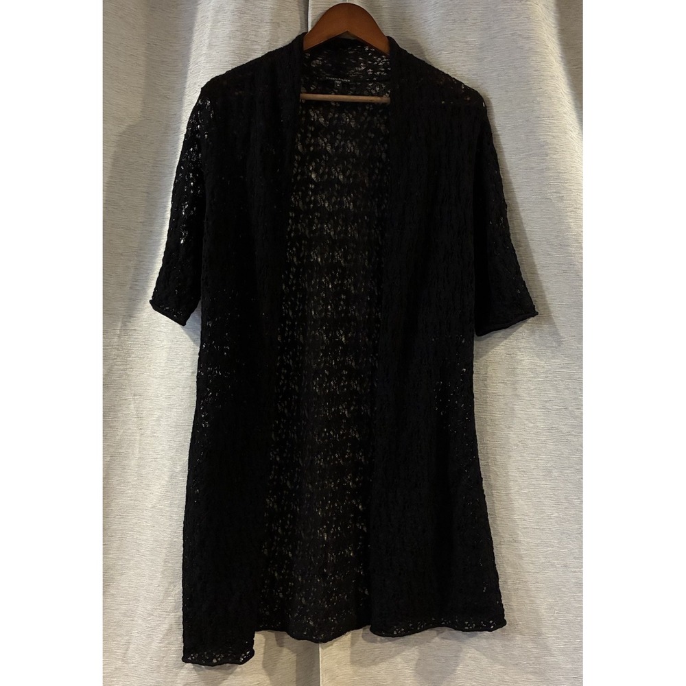 Eileen Fisher Duster Cardigan Black Wool Crochet Lace Short Sleeve Medium